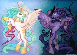 Size: 1024x724 | Tagged: alicorn, artist:reaperfox, derpibooru import, duo, duo female, female, princess celestia, princess luna, rearing, safe, sisters