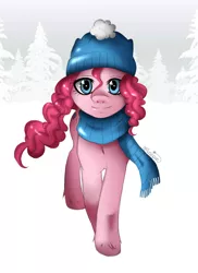 Size: 700x963 | Tagged: safe, artist:musapan, derpibooru import, pinkie pie, earth pony, pony, cap, clothes, female, hat, looking at you, mare, scarf, snow, solo, unshorn fetlocks, winter