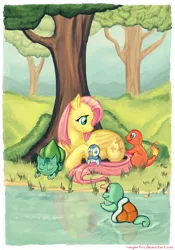 Size: 620x884 | Tagged: artist:reaperfox, bulbasaur, charmander, crossover, derpibooru import, fluttershy, piplup, pokémon, safe, squirtle