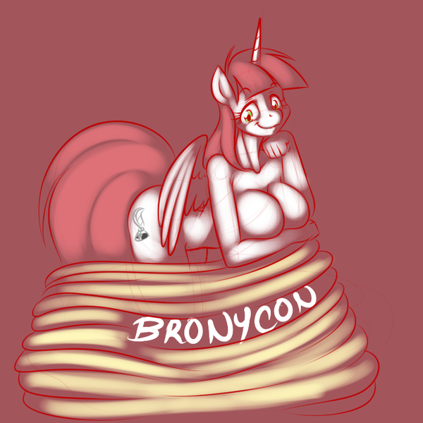 Size: 700x700 | Tagged: anthro, artist:kloudmutt, bent over, big breasts, breasts, bronycon, busty fausticorn, cleavage, derpibooru import, faustbutt, female, lauren faust, leaning, looking at you, nudity, oc, oc:fausticorn, pancakes, questionable, red background, simple background, smiling, solo, solo female, spread wings, stupid sexy fausticorn, unofficial characters only