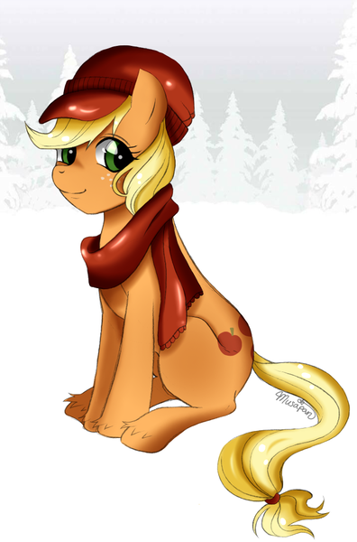 Size: 716x1085 | Tagged: safe, artist:musapan, derpibooru import, applejack, earth pony, pony, clothes, female, mare, scarf, sitting, snow, solo, unshorn fetlocks, winter