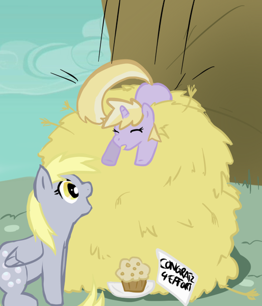 Size: 600x700 | Tagged: safe, artist:mewcherrii, derpibooru import, derpy hooves, dinky hooves, pegasus, pony, duo, equestria's best mother, female, flying lesson, food, hay, haystack, mare, mother and daughter, muffin