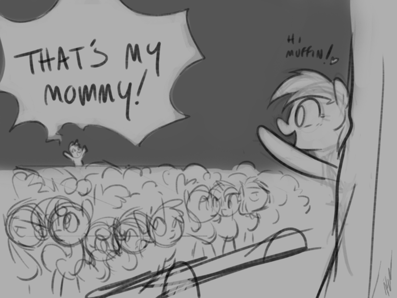 Size: 900x675 | Tagged: safe, artist:egophiliac, derpibooru import, derpy hooves, dinky hooves, pegasus, pony, hearth's warming eve (episode), audience, crowd, dialogue, equestria's best mother, female, grayscale, hearth's warming eve, mare, monochrome, sketch, speech bubble, waving