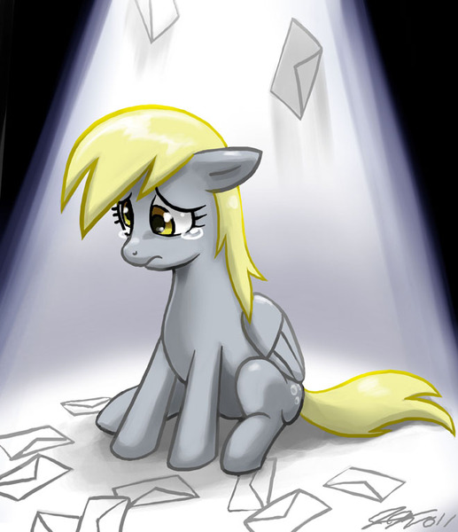 Size: 660x766 | Tagged: safe, artist:johnjoseco, derpibooru import, derpy hooves, pegasus, pony, ;-;, crying, cute, daaaaaaaaaaaw, derpabetes, envelope, female, floppy ears, get, image, index get, jpeg, letter, looking down, mail, mare, photoshop, sad, sadorable, save derpy, sitting, solo, spotlight, teary eyes