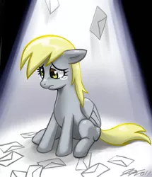 Size: 660x766 | Tagged: safe, artist:johnjoseco, derpibooru import, derpy hooves, pegasus, pony, ;-;, crying, cute, daaaaaaaaaaaw, derpabetes, envelope, female, floppy ears, get, index get, letter, looking down, mail, mare, photoshop, sad, sadorable, save derpy, sitting, solo, spotlight, teary eyes