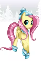 Size: 826x1235 | Tagged: safe, artist:musapan, derpibooru import, fluttershy, pegasus, pony, boots, cap, female, hat, mare, snow, solo, winter
