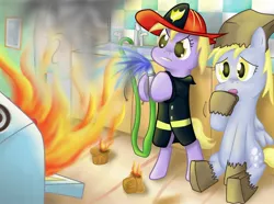 Size: 1988x1483 | Tagged: safe, artist:041744, derpibooru import, derpy hooves, dinky hooves, pegasus, pony, clothes, costume, female, fire, firefighter, hose, i just don't know what went wrong, kitchen, mare, muffin, nightmare night costume