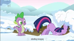 Size: 855x467 | Tagged: safe, derpibooru import, edit, edited screencap, screencap, spike, twilight sparkle, dragon, pony, unicorn, winter wrap up, ass up, caption, female, male, mare, youtube caption