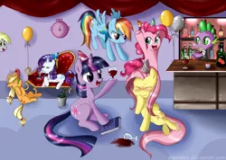 Size: 1984x1414 | Tagged: safe, artist:musapan, derpibooru import, applejack, derpy hooves, fluttershy, pinkie pie, rainbow dash, rarity, spike, twilight sparkle, dragon, earth pony, pegasus, pony, unicorn, alcohol, balloon, blushing, book, clock, clothes, couch, drunk, eyes closed, featured image, female, glass, image, magic, male, mane seven, mane six, mare, party, png, spill, spilled drink, unicorn twilight, wine