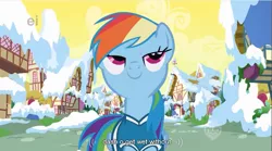 Size: 855x475 | Tagged: bedroom eyes, caption, derpibooru import, edit, edited screencap, ei, hub logo, rainbow dash, safe, screencap, youtube caption