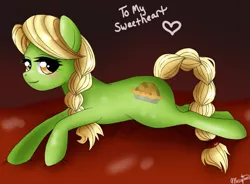 Size: 863x636 | Tagged: safe, artist:musapan, derpibooru import, granny smith, earth pony, pony, female, heart, mare, prone, solo, sultry pose, young granny smith