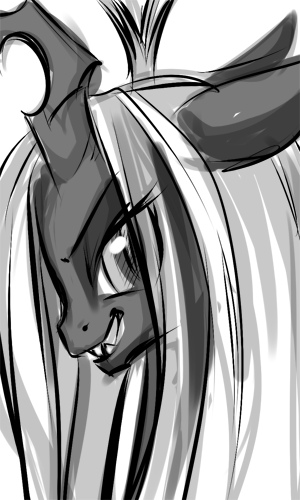 Size: 300x500 | Tagged: safe, artist:rizcifra, derpibooru import, queen chrysalis, changeling, changeling queen, bust, fangs, female, flopping ears, frown, grin, image, looking at you, monochrome, png, smiling, solo