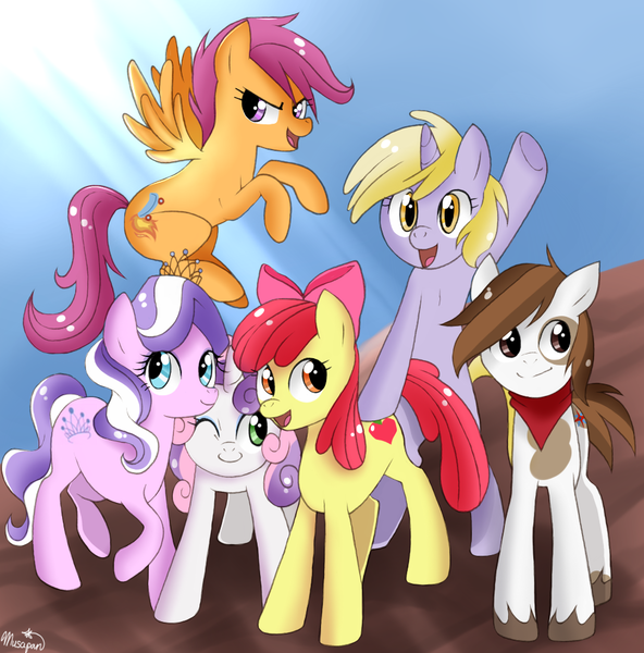 Size: 943x955 | Tagged: safe, artist:musapan, derpibooru import, apple bloom, diamond tiara, dinky hooves, pipsqueak, scootaloo, sweetie belle, earth pony, pegasus, pony, unicorn, adult, bandana, cutie mark crusaders, female, hilarious in hindsight, male, mare, next six, older, older apple bloom, older diamond tiara, older dinky hooves, older pipsqueak, older scootaloo, older sweetie belle, scootaloo can fly, stallion