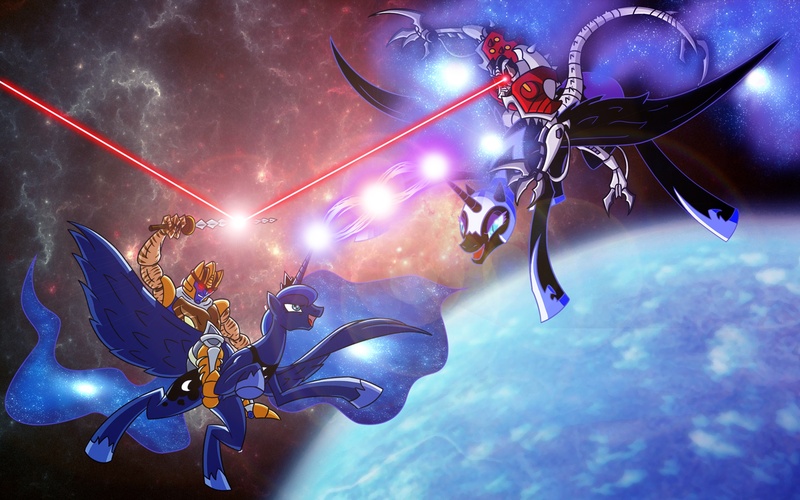 Size: 2000x1250 | Tagged: safe, artist:atomic-chinchilla, derpibooru import, nightmare moon, princess luna, beast wars, crossover, dinobot, dinobot 2, fight, transformers