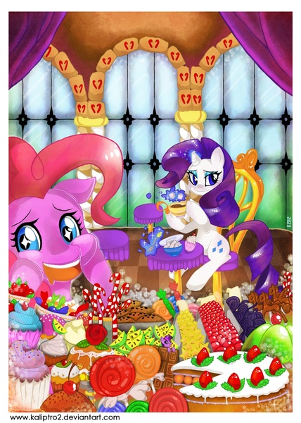 Size: 848x1190 | Tagged: artist:kaliptro, cake, candy, chair, derpibooru import, food, lollipop, magic, micro, pinkie pie, rarity, safe, simple background, sitting, table, tea, teacup, telekinesis, trio, twilight sparkle, white background