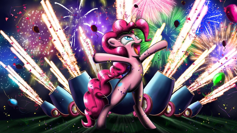 Size: 1920x1080 | Tagged: dead source, safe, artist:forevernyte, derpibooru import, pinkie pie, pony, arms wide open, balloon, bipedal, color porn, confetti, eyestrain warning, fireworks, happy, looking up, night, open mouth, party cannon, smiling, solo, wallpaper