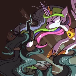 Size: 1024x1024 | Tagged: safe, artist:karzahnii, derpibooru import, princess celestia, queen chrysalis, alicorn, changeling, changeling queen, pony, angry, duo, female, frown, glare, glowing horn, image, looking at each other, mare, pixel art, png, smiling, sneer