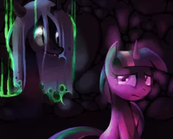 Size: 1280x1024 | Tagged: safe, artist:karzahnii, derpibooru import, queen chrysalis, twilight sparkle, changeling, changeling queen, pony, unicorn, cave, crying, fangs, female, image, mare, png, scared, sidemouth, slit eyes