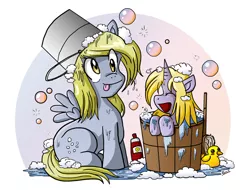 Size: 576x437 | Tagged: safe, artist:xkappax, derpibooru import, derpy hooves, dinky hooves, pegasus, pony, bath, equestria's best mother, female, mare