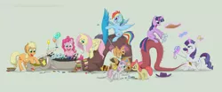 Size: 1795x750 | Tagged: safe, artist:celestiathegreatest, derpibooru import, apple bloom, applejack, discord, fluttershy, pinkie pie, rainbow dash, rarity, scootaloo, sweetie belle, twilight sparkle, :p, backrub, balloon, bodypaint, bow, brushie, brushing, cutie mark crusaders, detailed, dressup, female, glare, hoof hold, magic, male, mane six, massage, mud mask, open mouth, paint, paintbrush, preening, ribbon, riding, simple background, smiling, spread wings, telekinesis, tied up, tongue out