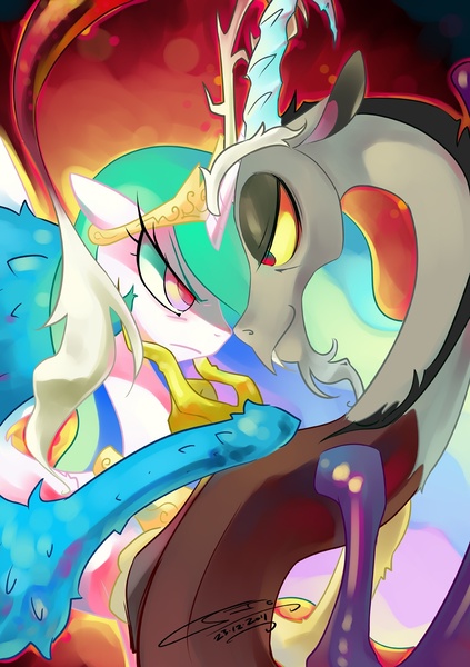 Size: 1000x1417 | Tagged: safe, artist:iopichio, derpibooru import, discord, princess celestia, alicorn, draconequus, pony, bedroom eyes, confrontation, dislestia, duo, eye contact, faceoff, female, frown, glare, gluey, male, mare, misleading thumbnail, not a penis, photoshop, rule 7 bait, shipping, shocking the cast, smirk, stare down, straight, that's a penis, unfortunate design, wings