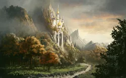 Size: 1980x1238 | Tagged: artist:moe, canterlot, castle, cliff, cloud, derpibooru import, detailed background, fog, forest, grass, mountain, mountain range, nature, no pony, outdoors, path, river, safe, scenery, scenery porn, signature, source needed, sunset, technical advanced, town, tree, useless source url, water, waterfall, widescreen, wood