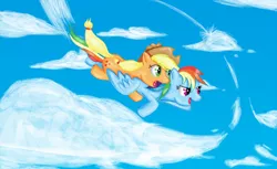 Size: 1314x806 | Tagged: applejack, artist:darkyosh, cloud, cloudy, derpibooru import, duo, flying, rainbow dash, safe