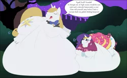 Size: 1280x793 | Tagged: artist:samael, belly, belly bed, bhm, clothes, derpibooru import, dress, fat, gala dress, glass slipper (footwear), high heels, hypocrisy, immobile, impossibly large belly, morbidly obese, obese, pot calling the kettle black, prince blueblood, raritubby, rarity, safe, shoes