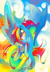 Size: 1000x1417 | Tagged: safe, artist:iopichio, derpibooru import, rainbow dash, pegasus, pony, color porn, eyestrain warning, female, flying, mare, photoshop, solo