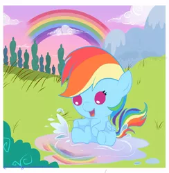 Size: 800x818 | Tagged: safe, artist:freewingss, derpibooru import, rainbow dash, pony, baby, baby dash, baby pony, cute, dashabetes, filly, foal, puddle, rainbow, solo
