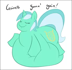 Size: 500x485 | Tagged: safe, artist:samael, derpibooru import, lyra heartstrings, pony, unicorn, belly, belly bed, big belly, chubby cheeks, fat, huge belly, immobile, impossibly large belly, lard-ra heartstrings, lyra feedee, morbidly obese, obese, smiling, weight gain