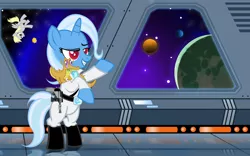 Size: 1100x688 | Tagged: safe, artist:pixelkitties, derpibooru import, derpy hooves, gummy, trixie, pegasus, pony, unicorn, boots, clothes, crossover, female, mare, planet, rearing, shoes, star wars, thrawn, uniform, ysalamir