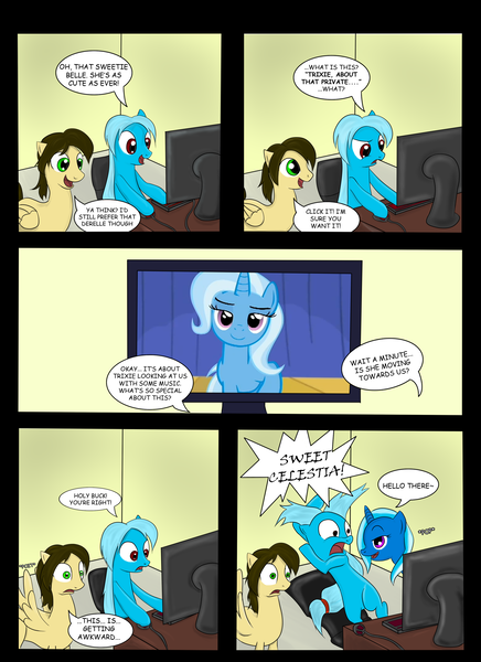 Size: 2550x3509 | Tagged: dead source, safe, artist:reikomuffin, derpibooru import, trixie, oc, unnamed oc, pony, unicorn, comic, computer, female, fourth wall, hello there, high res, mare, photoshop, scared, surprised, wingboner