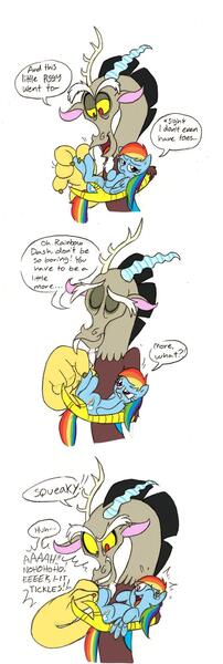 Size: 629x1868 | Tagged: safe, artist:mickeymonster, derpibooru import, discord, rainbow dash, pony, squeezin' it, comic, cute, dashabetes, deadpan snarker, discord being discord, frustration, holding a pony, laughing, one eye closed, open mouth, shock, this little piggy, tickling, ticklish hooves