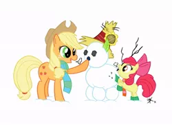 Size: 800x582 | Tagged: safe, artist:deprava, derpibooru import, apple bloom, applejack, boots, clothes, duo, hat, scarf, sisters, snow, snowmare, snowpony, winter