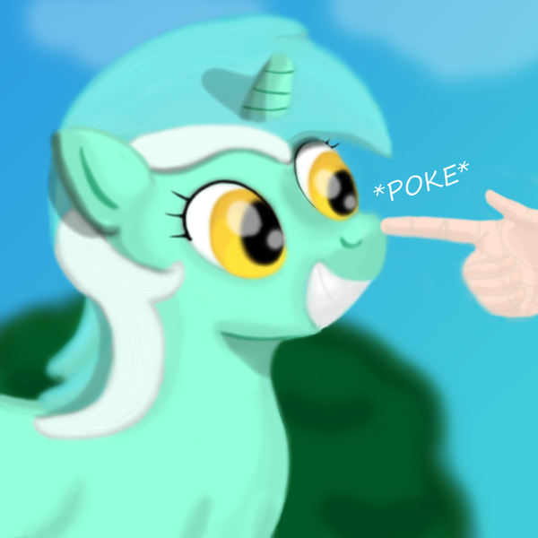 Size: 850x850 | Tagged: artist:revokat, boop, derpibooru import, grin, hand, human, humie, irrational exuberance, lyra heartstrings, poking, rational exuberance, safe, smiling, squee, that pony sure does love hands