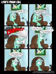 Size: 2256x2965 | Tagged: safe, artist:reikomuffin, derpibooru import, bon bon, lyra heartstrings, sweetie drops, pony, unicorn, comic, couch, female, high res, implied spike, implied twilight sparkle, mare, phone, prank, prank call, surprised
