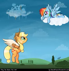 Size: 750x775 | Tagged: safe, artist:ratofdrawn, derpibooru import, applejack, rainbow dash, earth pony, pegasus, pony, appledash, artificial wings, augmented, cloud, cloudsdale, cloudy, female, lesbian, mechanical wing, shipping, wings