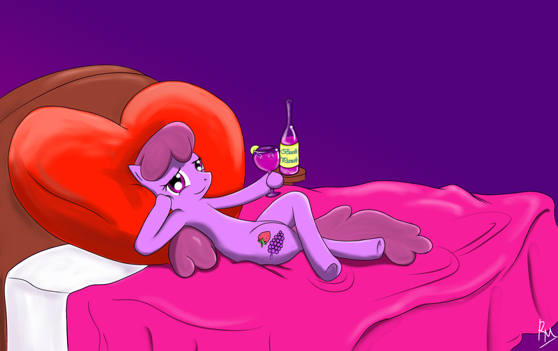 Size: 3174x2000 | Tagged: dead source, safe, artist:reikomuffin, derpibooru import, berry punch, berryshine, earth pony, pony, alcohol, bed, crossed legs, female, high res, looking at you, mare, on back, solo, wine