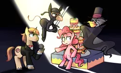 Size: 1280x768 | Tagged: safe, artist:karzahnii, derpibooru import, con mane, donut joe, gustave le grande, mulia mild, pinkie pie, earth pony, gryphon, mule, pony, unicorn, mmmystery on the friendship express, bowtie, cape, clothes, female, hat, katana, male, mare, ninja, secret agent, stallion, sword, top hat, tuxedo, weapon