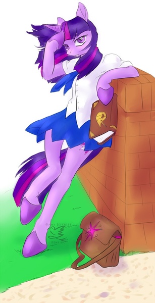 Size: 512x1000 | Tagged: anthro, arm hooves, artist:fen lumaris, clothes, derpibooru import, safe, schoolgirl, skirt, solo, twilight sparkle