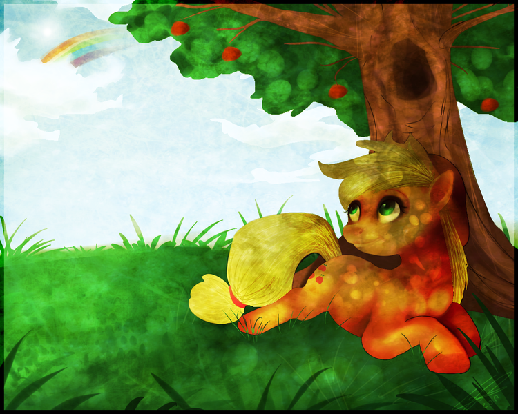 Size: 1280x1024 | Tagged: safe, artist:imalou, derpibooru import, applejack, earth pony, pony, apple, dappled sunlight, female, mare, prone, rainbow, smiling, solo, tree