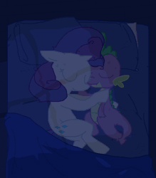 Size: 700x800 | Tagged: safe, artist:the weaver, derpibooru import, rarity, spike, dragon, pony, unicorn, afterglow, aftersex, bed, blush sticker, blushing, cuddling, female, male, mare, shipping, sleeping, smiling, sparity, straight, sweat