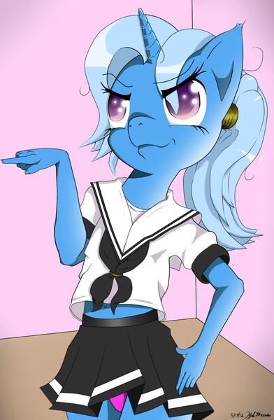 Size: 900x1376 | Tagged: anthro, artist:2feathers2, clothes, derpibooru import, panties, schoolgirl, school uniform, skirt, suggestive, trixie, underwear, upskirt