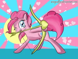 Size: 1446x1098 | Tagged: dead source, safe, artist:reikomuffin, derpibooru import, pinkie pie, earth pony, pony, abstract background, arrow, bow (weapon), cupid, female, heart, mare, mouth hold, one eye closed, solo, weapon