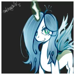Size: 520x520 | Tagged: safe, artist:modikox, derpibooru import, queen chrysalis, changeling, changeling queen, alternate color palette, black background, female, glowing horn, image, jpeg, lidded eyes, looking at you, signature, simple background, smiling, smirk, solo, standing