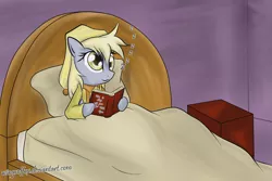 Size: 2292x1533 | Tagged: dead source, safe, artist:reikomuffin, derpibooru import, derpy hooves, pegasus, pony, bed, book, eyes open, female, hat, mare, nightcap, sleeping, solo