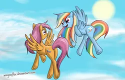 Size: 2302x1479 | Tagged: dead source, safe, artist:reikomuffin, derpibooru import, rainbow dash, scootaloo, pegasus, pony, adult, duo, duo female, eye contact, female, flying, looking at each other, mare, older, older scootaloo, scootaloo can fly, sky, sun, underhoof