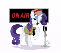 Size: 700x603 | Tagged: safe, artist:greenwiggly, derpibooru import, rarity, pony, unicorn, clothes, cutie mark, female, hat, microphone, necktie, on air, simple background, singing, solo, uniform