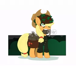 Size: 700x603 | Tagged: safe, artist:greenwiggly, derpibooru import, applejack, earth pony, pony, bush, camouflage, clothes, cutie mark, female, grenade, grenades, hat, helmet, mouth hold, saddle bag, simple background, solo, uniform, weapon